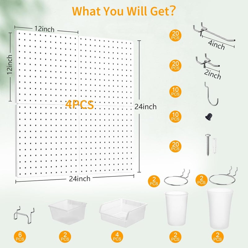 FZK Peg Board, 4PCS Metal Pegboard Wall Organizer Kit. Heavy Duty Pegboard, Peg Boards, Pegboard for Walls, White Pegboard for Garage Craft Room Workbench Office Kitchen Tool Organization - Image 2